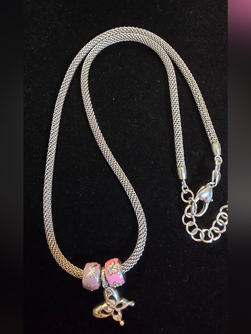Vintage Brighton Beverly Glam mesh charm necklace three butterfly's charms